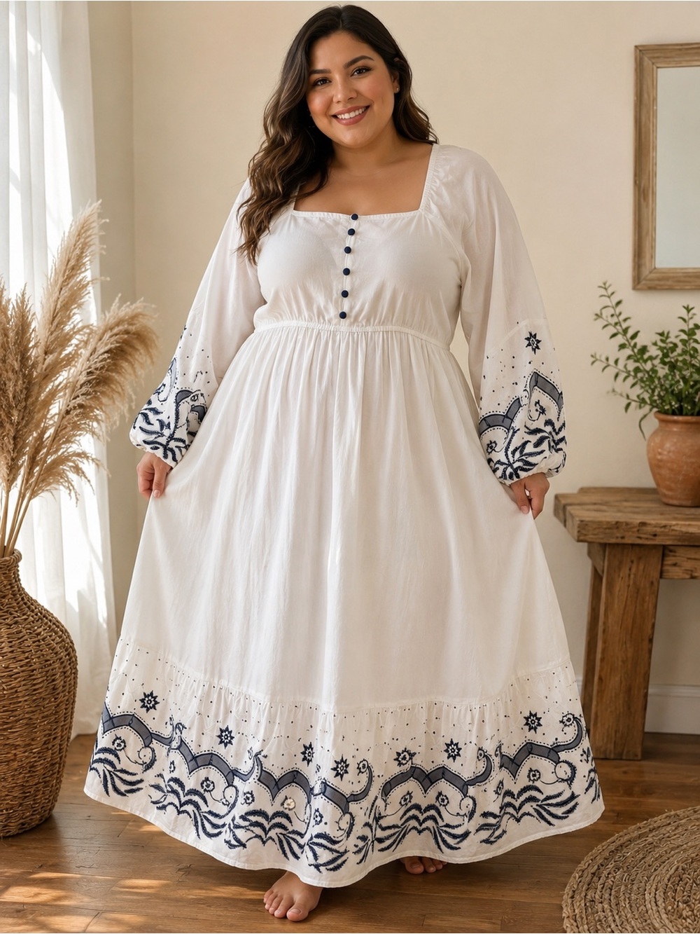 L.O.V. Women’s 2x White Boho Embroidered  Maxi Dress Long Sleeve Square Neck